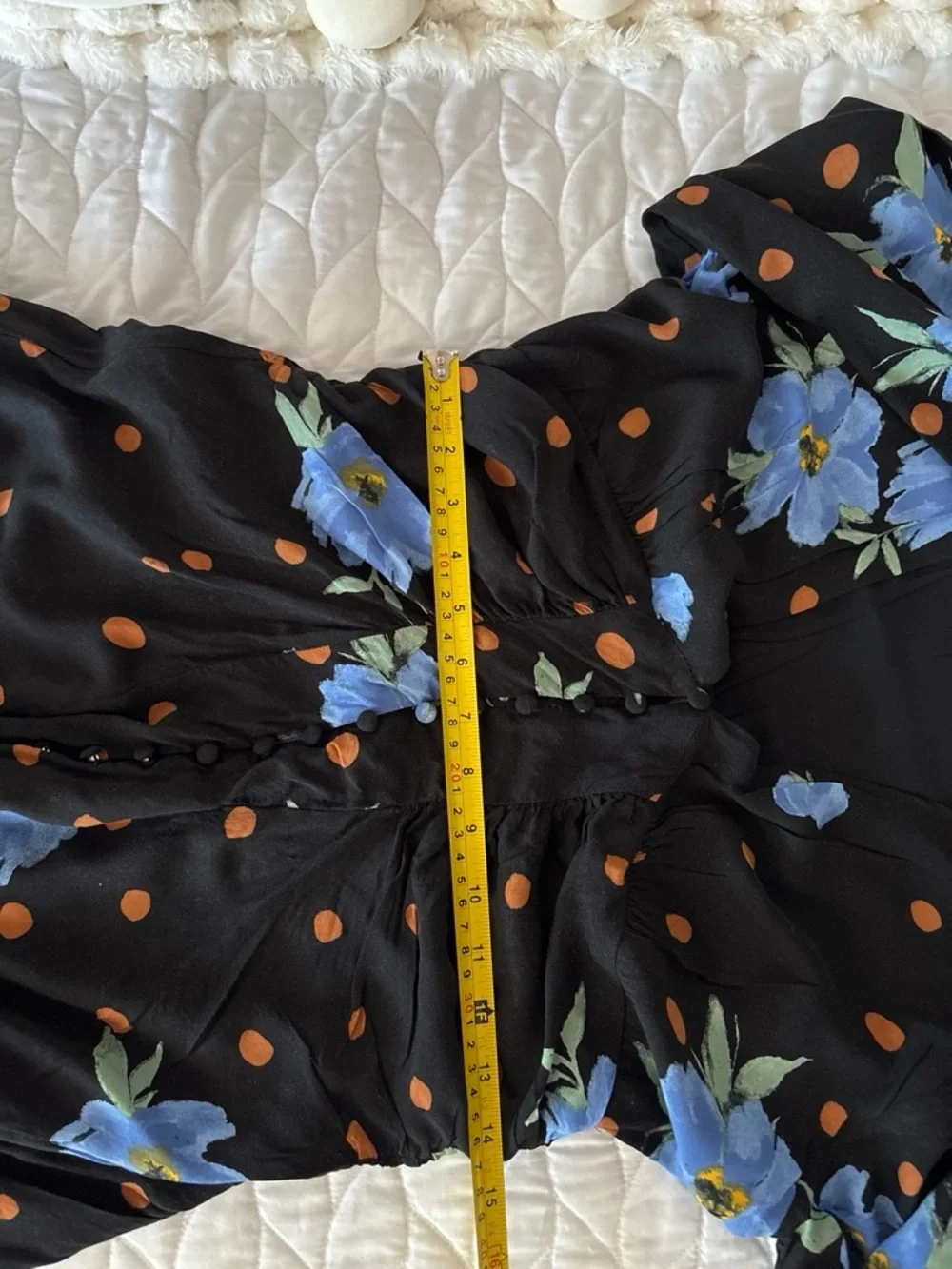 🪴Free People Black/Blue Floral Chiffon V-Neck Puff Sleeve Ruched Mini Dress M